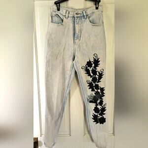 Vintage 80s Thrashed Daily Jeans Black Floral Design Size 11/12 Rare